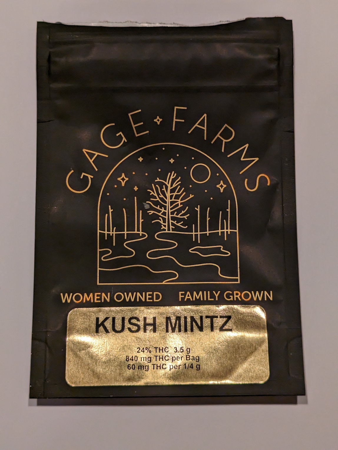 ./2024-05-03 - Aspire MJ Purchase - Aspire Cannabis Ithaca - PXL_20240506_112123276 - GAGE FARMS 3.5 gm Kush Mintz - $33.90 - web 1148px wide.jpg